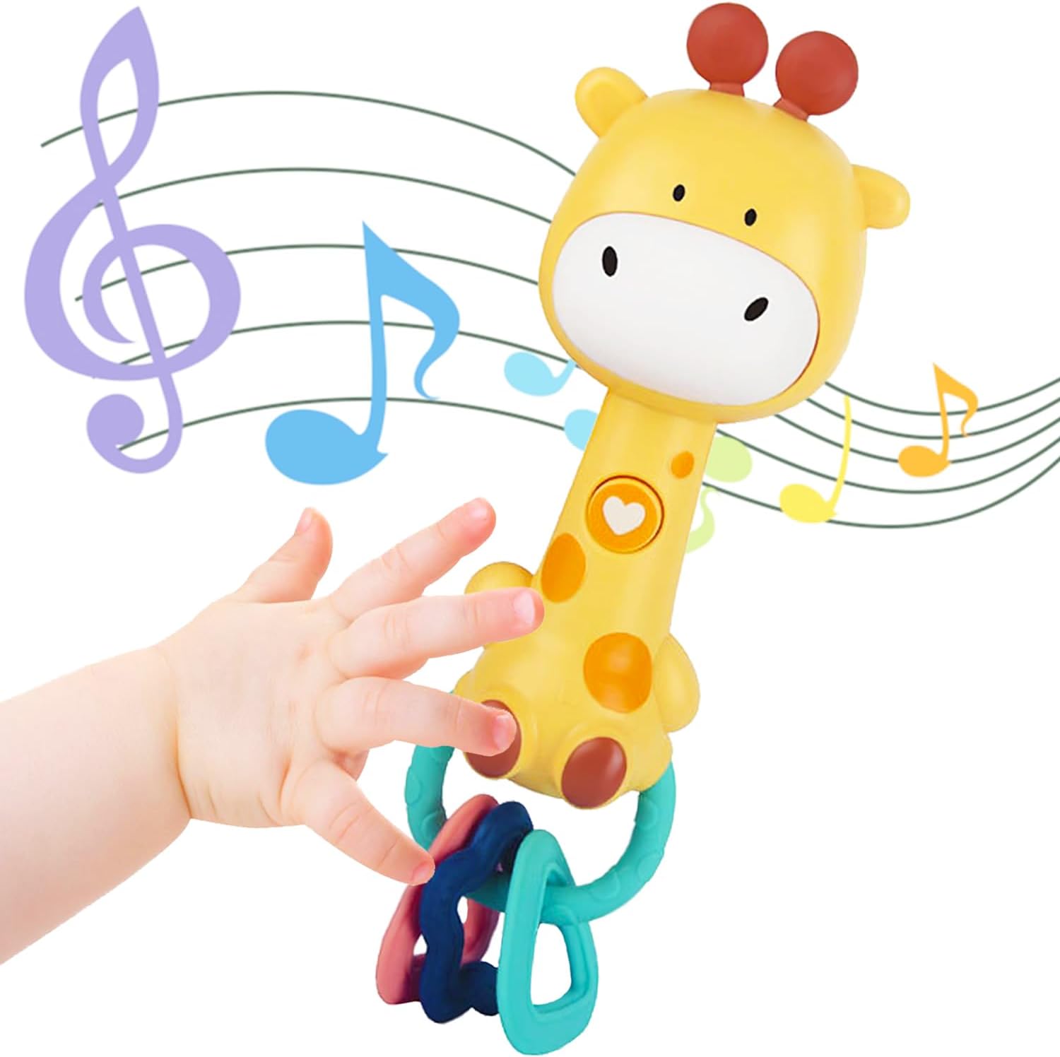 WHNKFB bright yellow giraffe baby musical rattle toy front view showing buttons and light up face