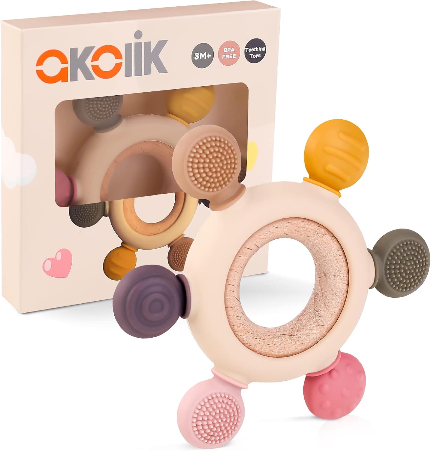 Akolik Baby Teething Ring Set front view showing grey and pink silicone textures on natural wood ring