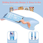 Step by step demonstration of inserting a liquid snack strip into the pet feeding scoop