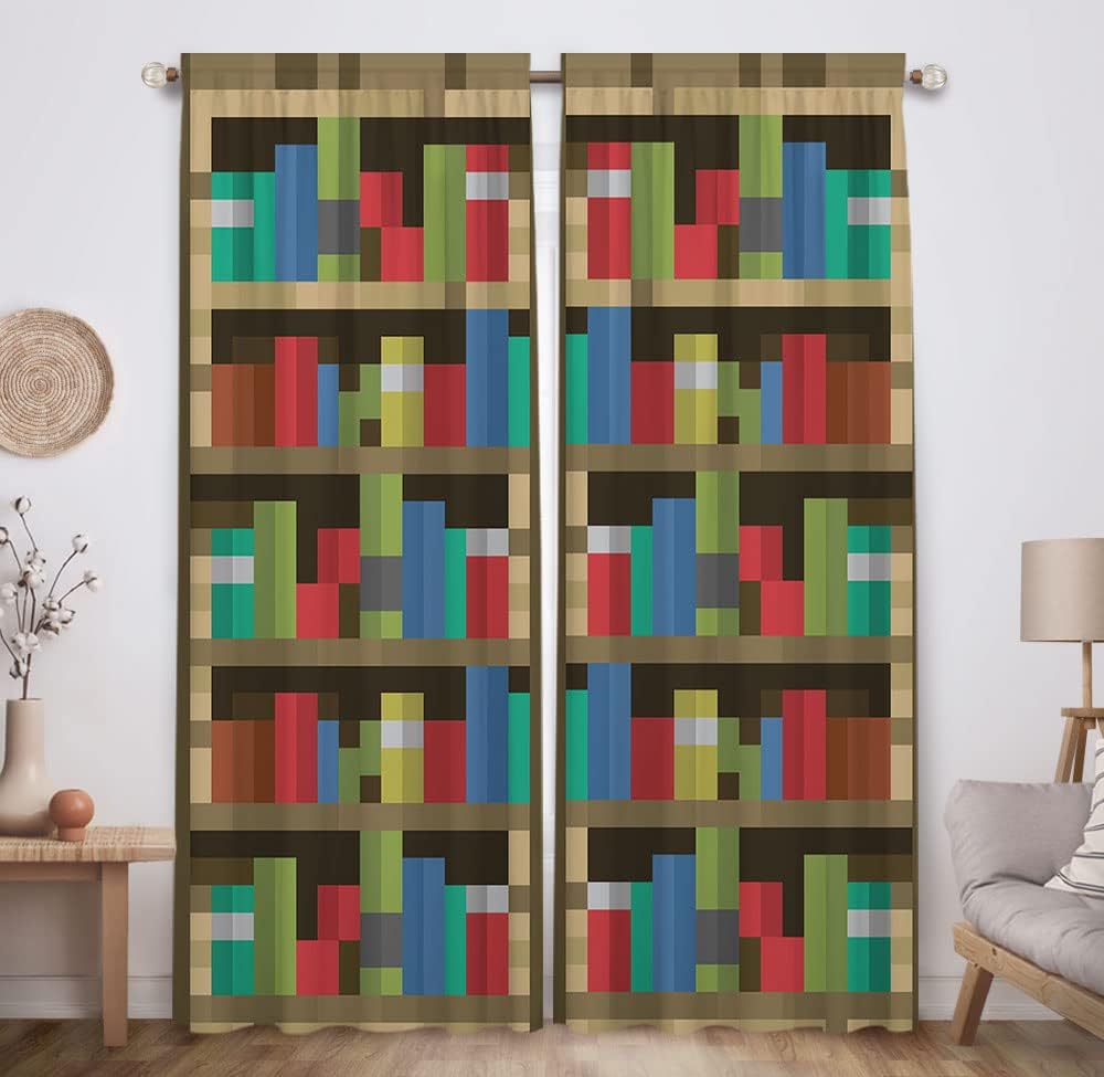 Allenjoy pixelated bookshelf children window curtains front view in a decorated kids bedroom.