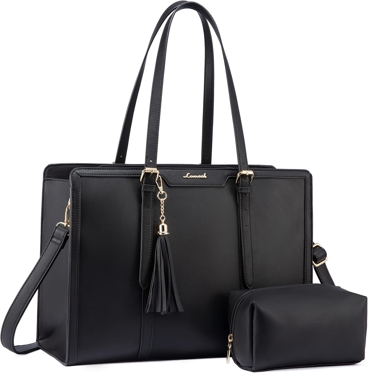 LOVEVOOK laptop tote bag for women front view in black leather finish.