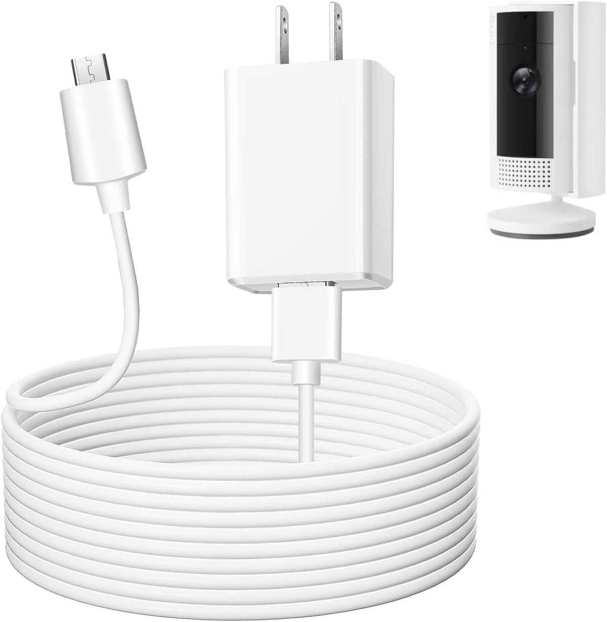 Paodekua charging cable for Ring Indoor Cam front view showcasing white premium five meter cord.
