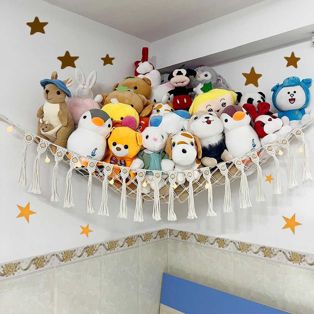 Badigo large boho macrame stuffed animal hammock with LED lights