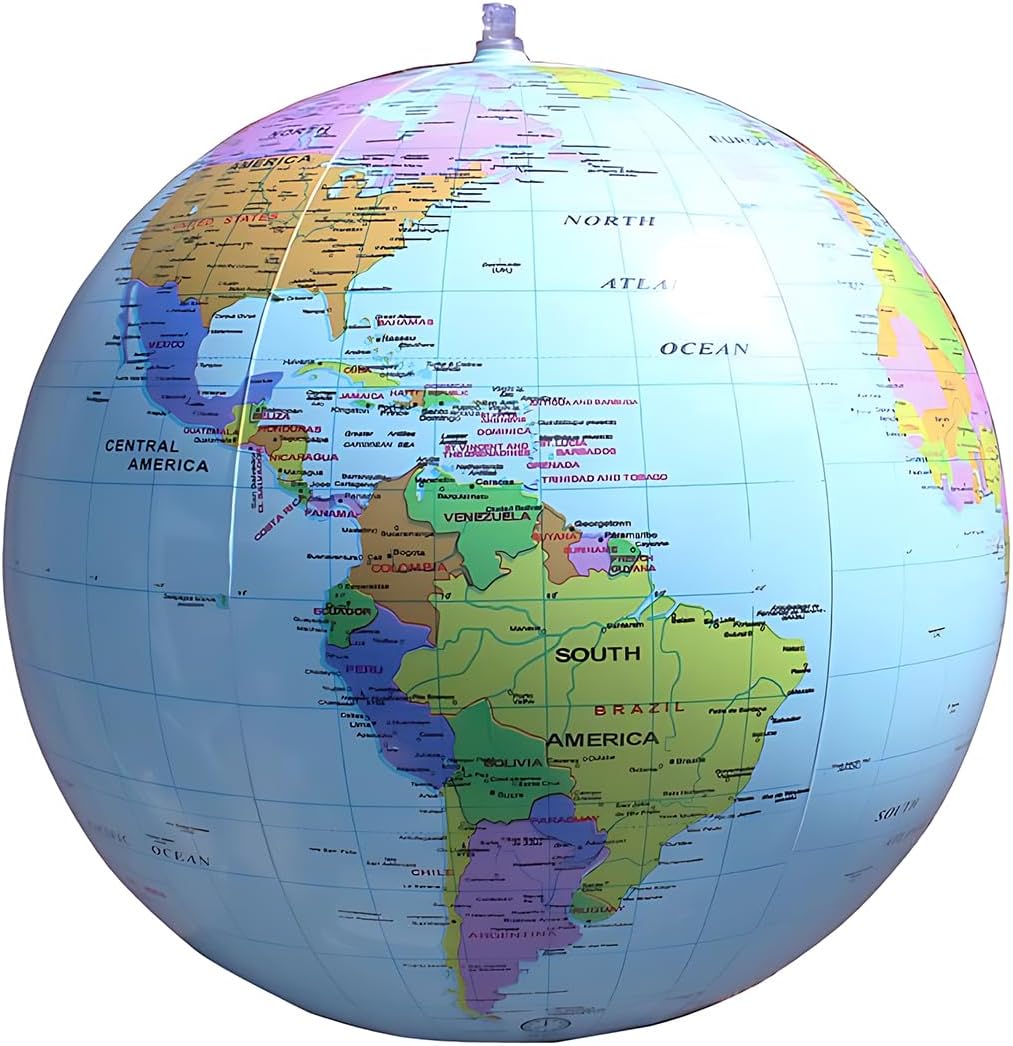 Honoson inflatable earth globe front view showing blue oceans and detailed continent map layouts.