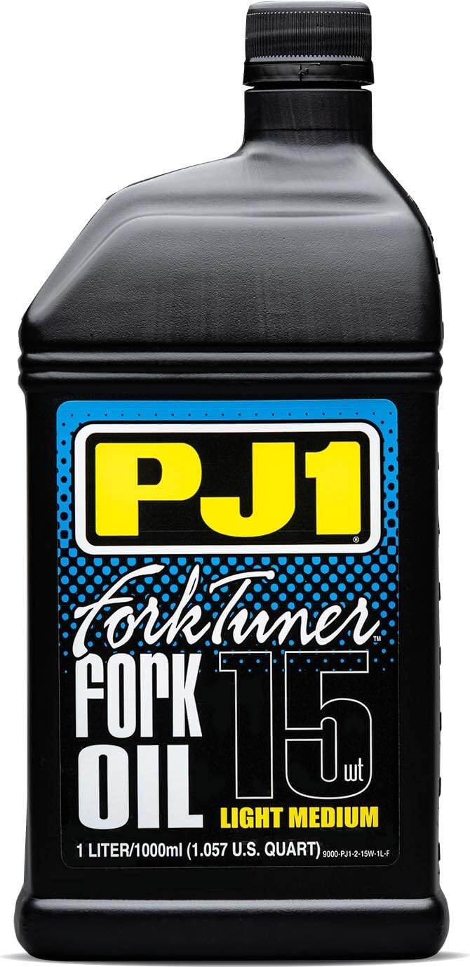 PJ1 Gold Series Fork Tuner Oil SAE 15W 1 Litre front view bottle for premium motorcycle suspension maintenance.