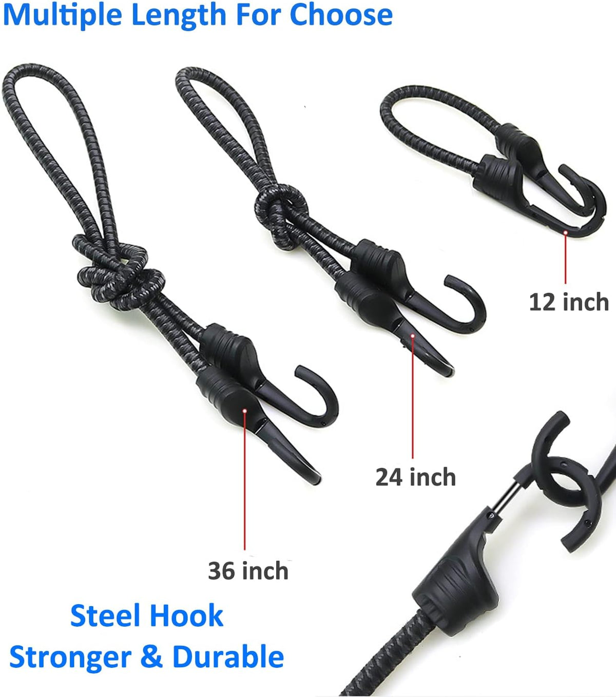 Multi-purpose bungee strap stretched to show elasticity and thickness