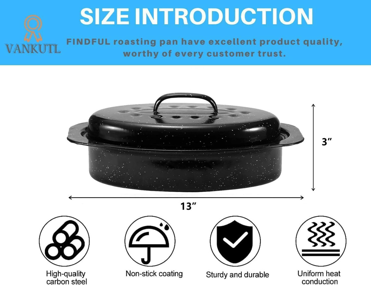 Vankutl 13 inch roaster with lid closed on countertop.
