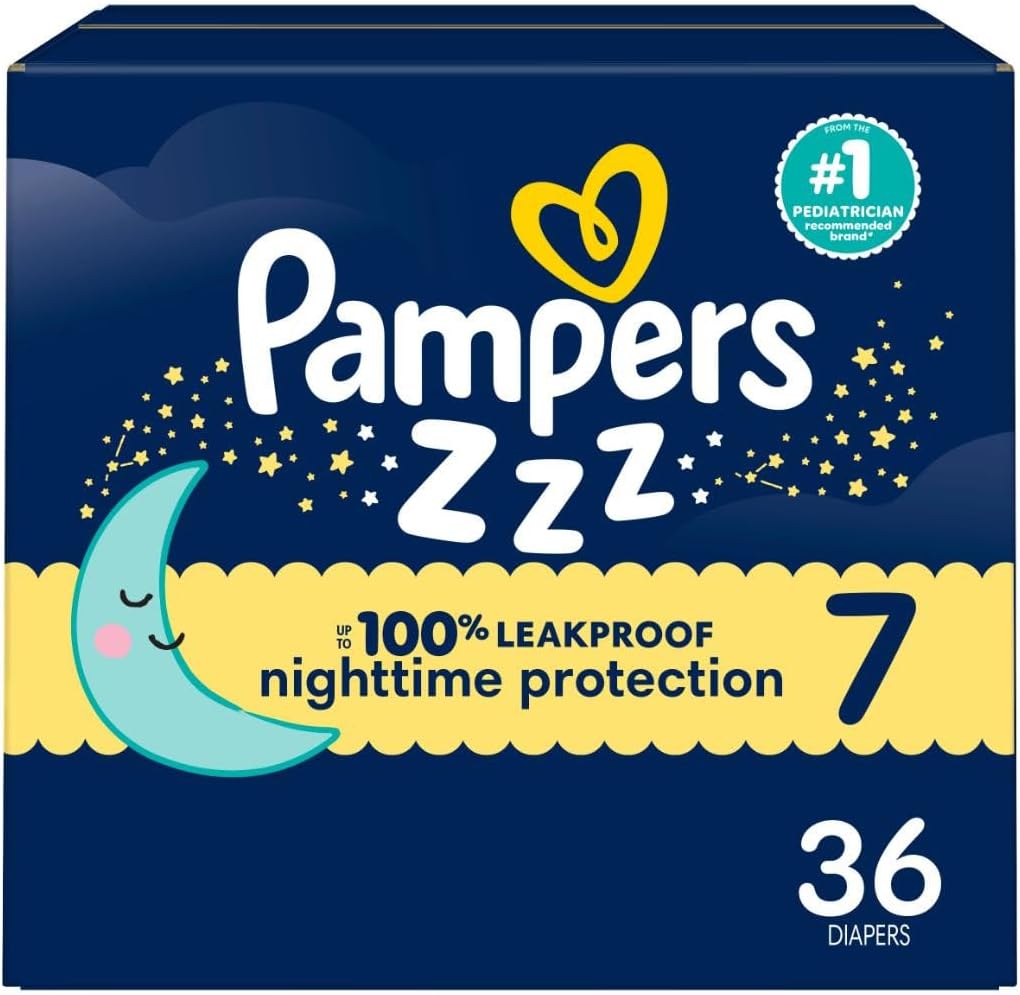 Pampers ZZZ Overnight Diapers Size 7 front packaging showing nighttime protection theme