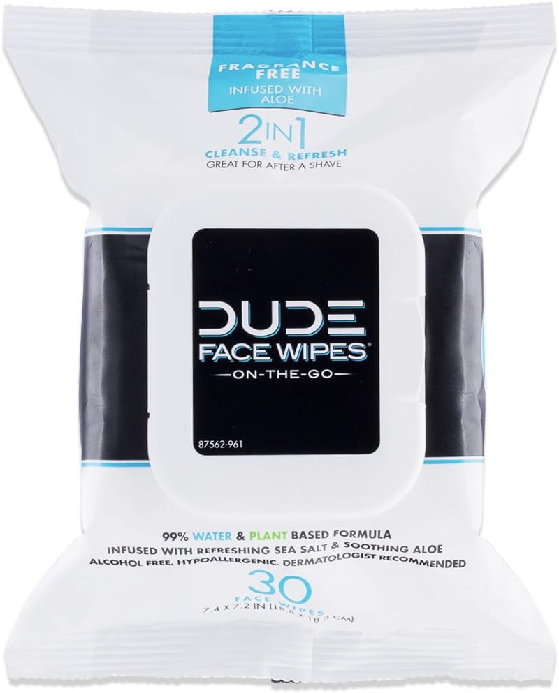 DUDE Wipes - 30 Unscented Face & Body Wipes with Sea Salt & Aloe - Alcohol Free Hypoallergenic Cleansing - Image 1