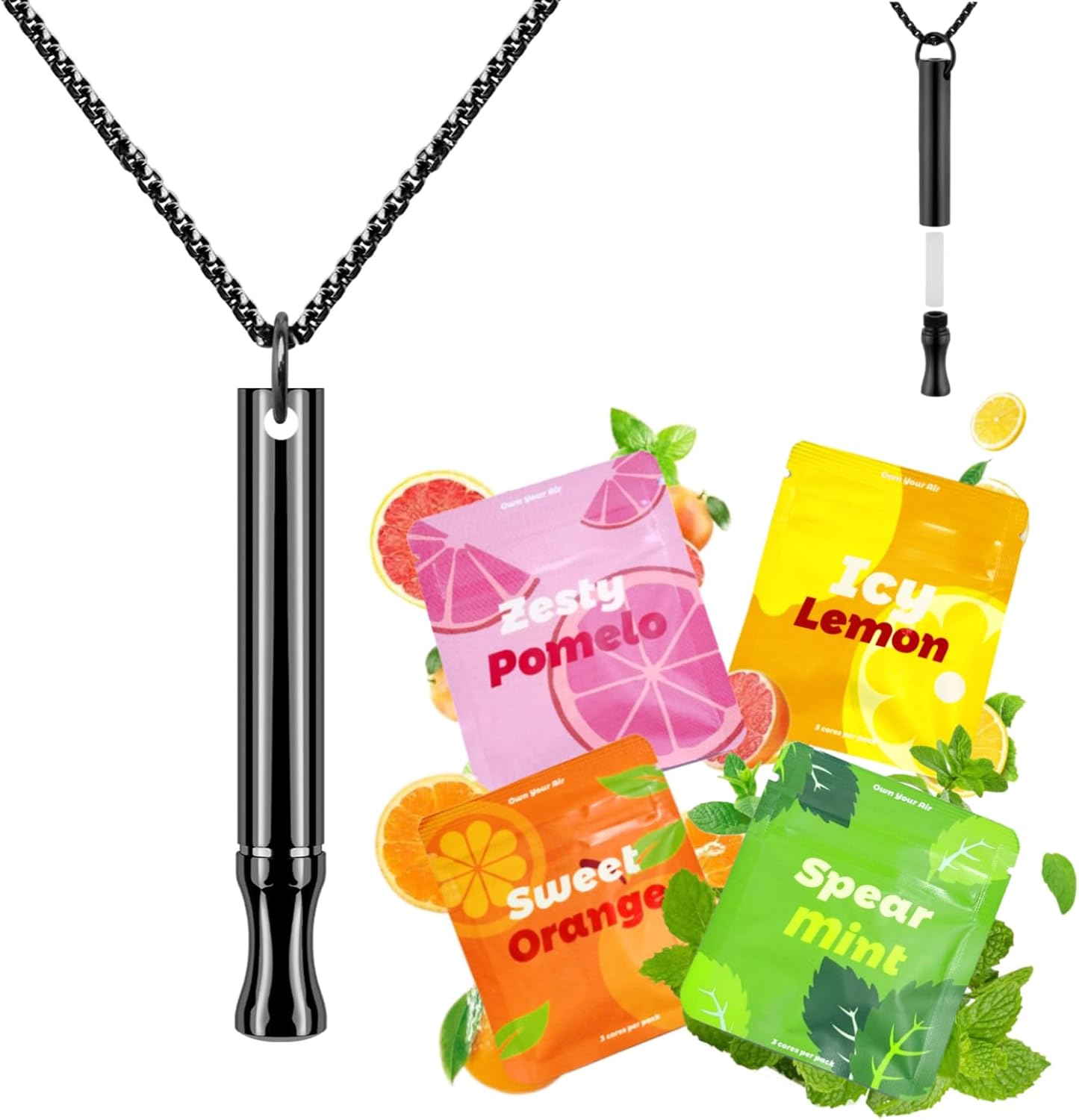 Replace Bad Habit Flavored Air Necklace with 12pcs Refillable Cores in 4 Flavors, Habit Support Refreshing Necklace for Stress Relief Sensory Fidget for Adults (Black) - Image 1