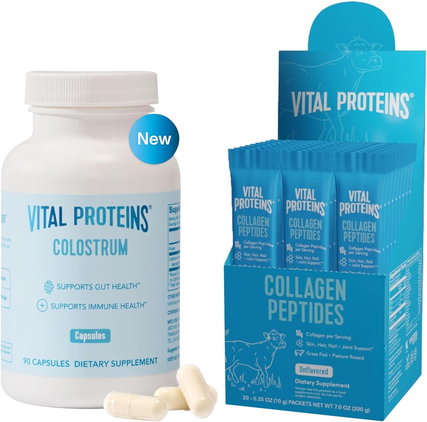 Vital Proteins Collagen Peptides Travel Packs and Bovine Colostrum bottle front view