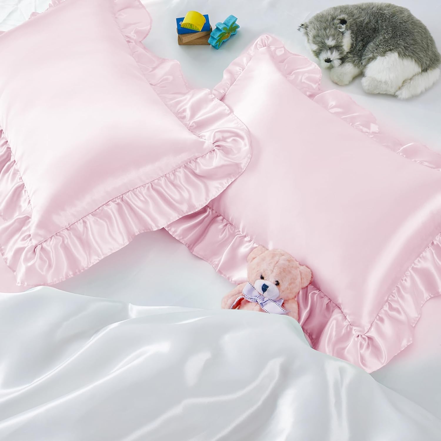 Entisn Ruffle Satin Toddler Pillowcase Set in Baby Pink front view