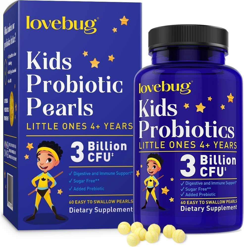 Lovebug Probiotics for Kids front packaging showing the daily chewable pearls