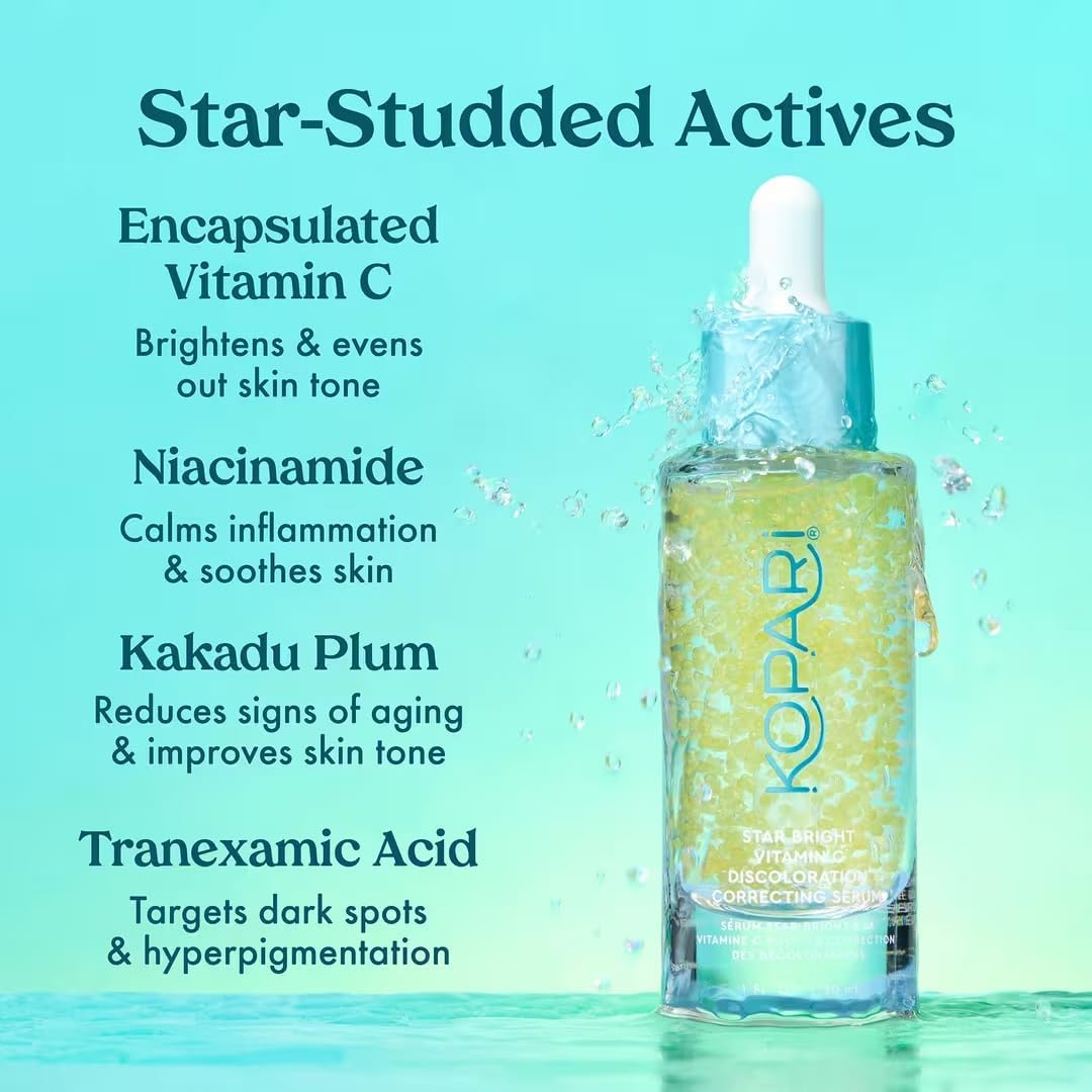 Kopari Vitamin C discoloration correcting serum bottle with dropper applicator display