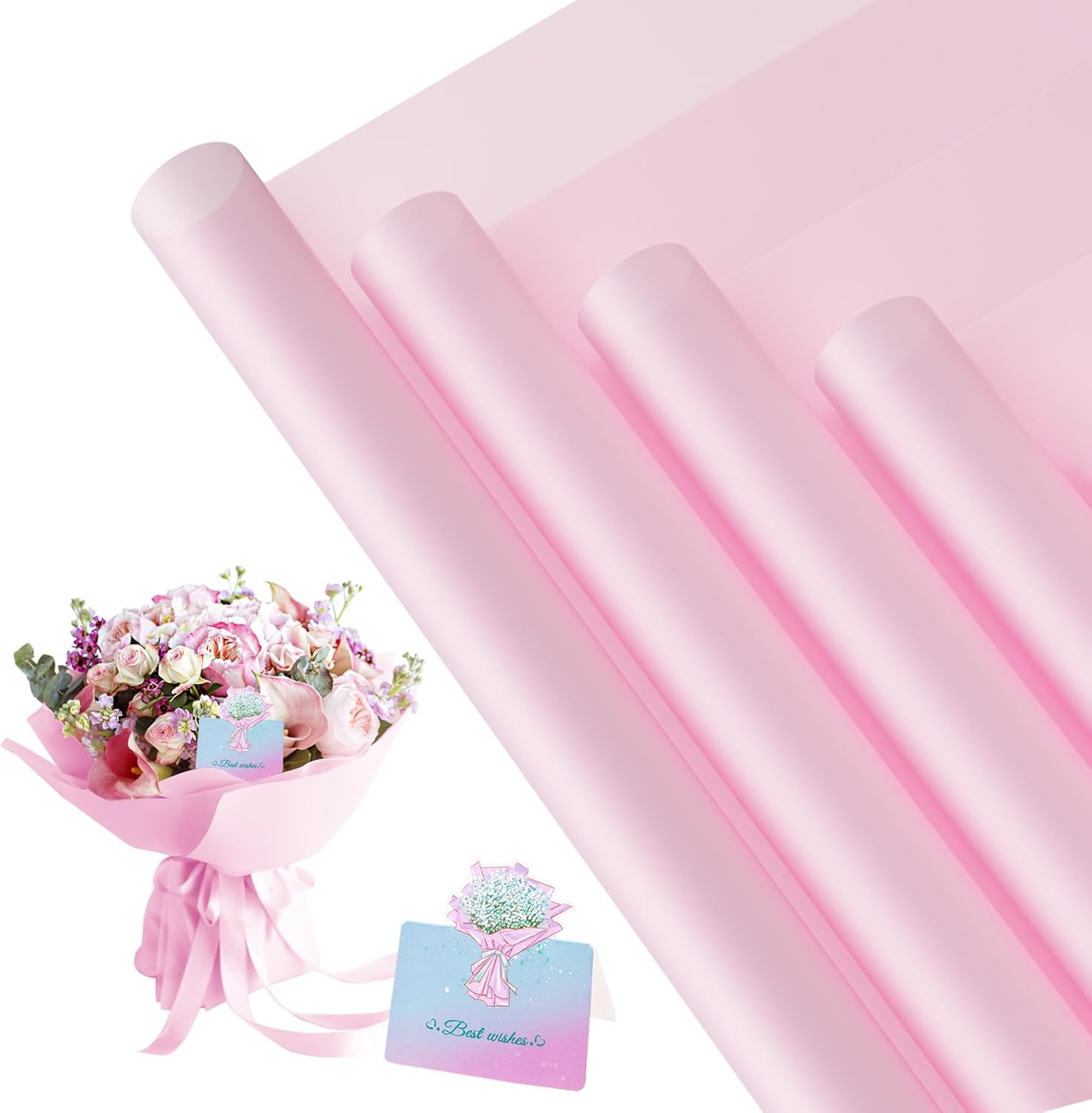 REAXYZNN waterproof flower wrapping paper front view showcasing frosted pink sheets with gold borders.