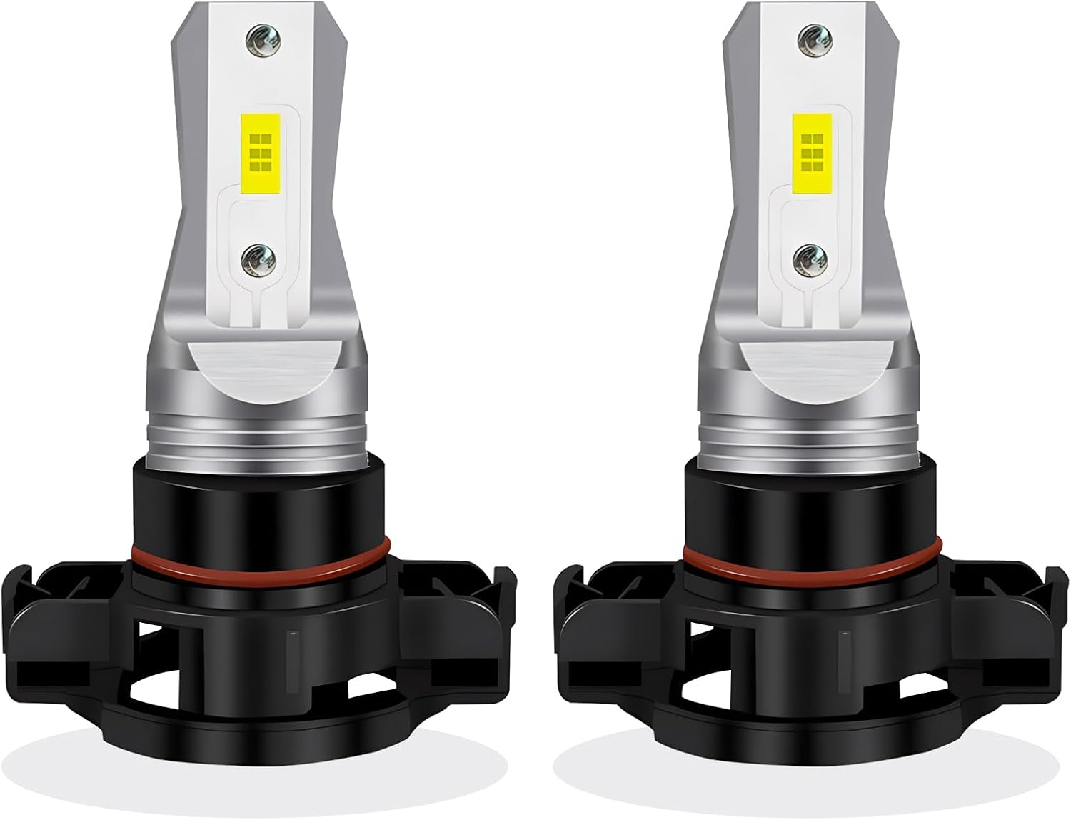 LEDYOTRY PSX24W 2504 LED fog light bulbs pack of two front view displaying the premium 3057 LED chips and black non-polarity socket plug.