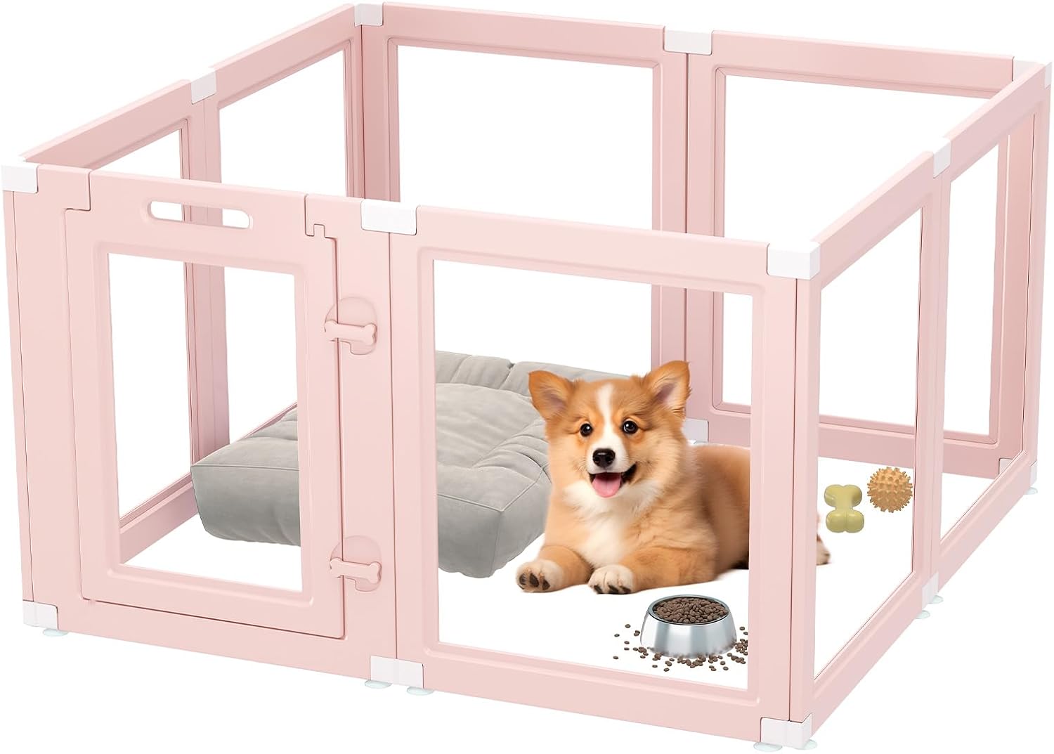 DIY Clear Acrylic Dog Playpen Indoor, Transparent Easy Cleansing Puppy Fence with Suction Cup, Easy-Assemble Indoor Whelping Crate for Small Puppies (23.6" H, 8PCS), Pink - Image 1