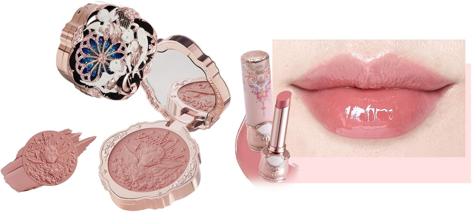 Flower Knows Little Angel Cream Blush and Butterfly Cloud Collar Glossy Lipstick Set,Buildable & Blendable Dewy Makeup,Soft Long-Lasting Cute Make Up(Blush 04 Rose Ashes + Lipstick C06 Cardamom) - Image 1