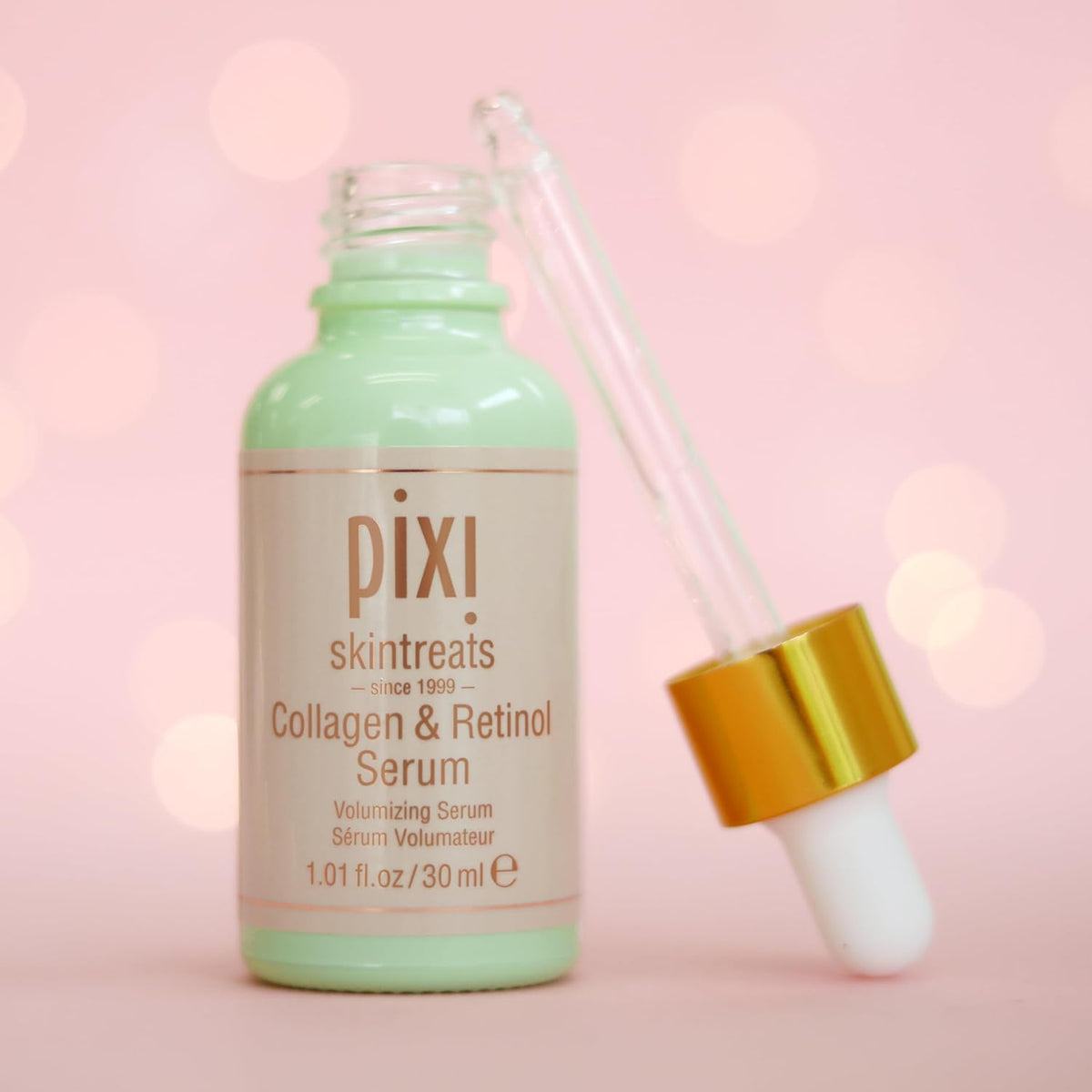 Authentic Pixi Beauty anti aging evening face serum with acacia collagen and time release retinol ingredients close up.