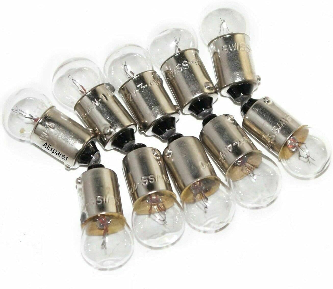 AEspares 10 Pack Parking and Speedometer Bulbs front view showing the miniature halogen globe and metal bayonet base.