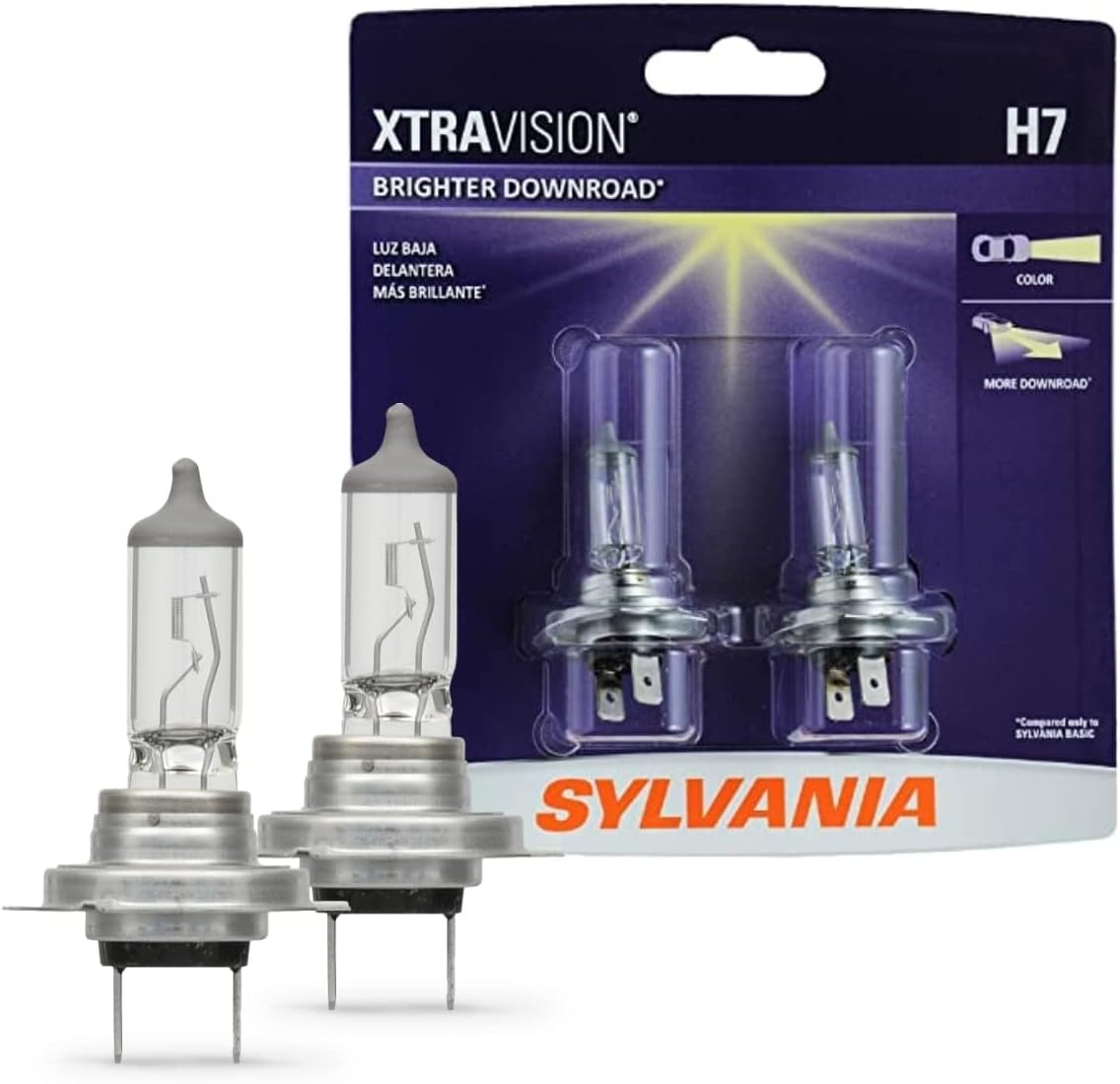 Sylvania H7 XtraVision headlight bulb twin pack front view showing automotive lighting packaging for premium car upgrades.