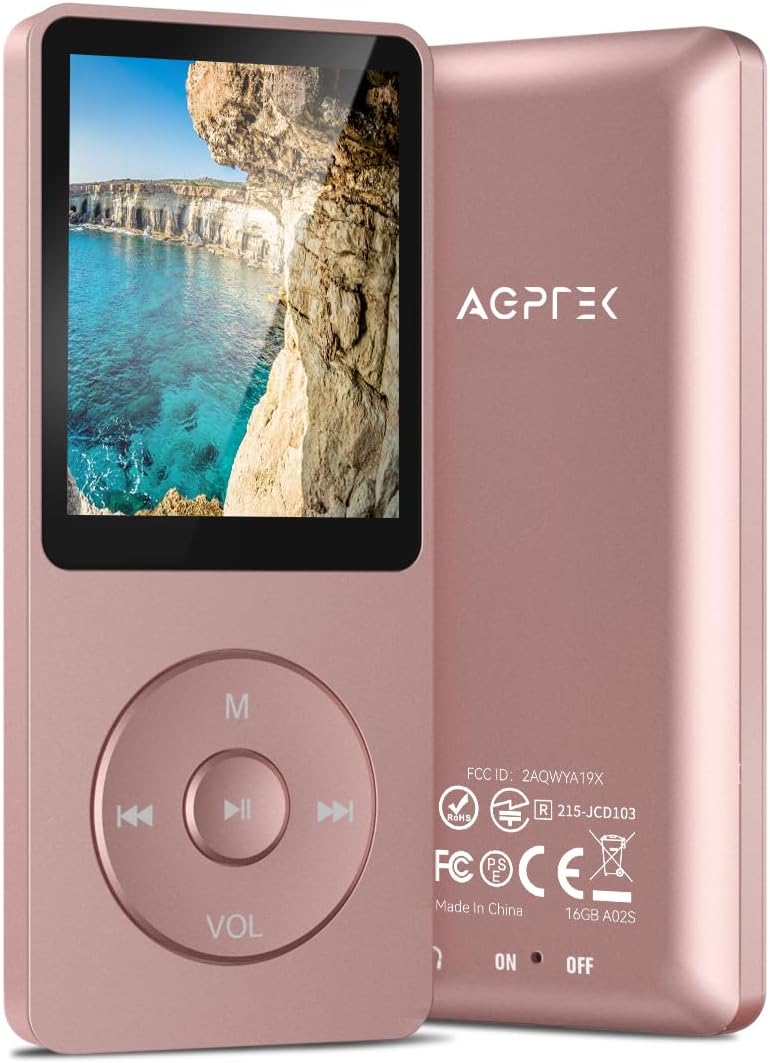 AGPTEK A02S MP3 Player front view in rose gold color