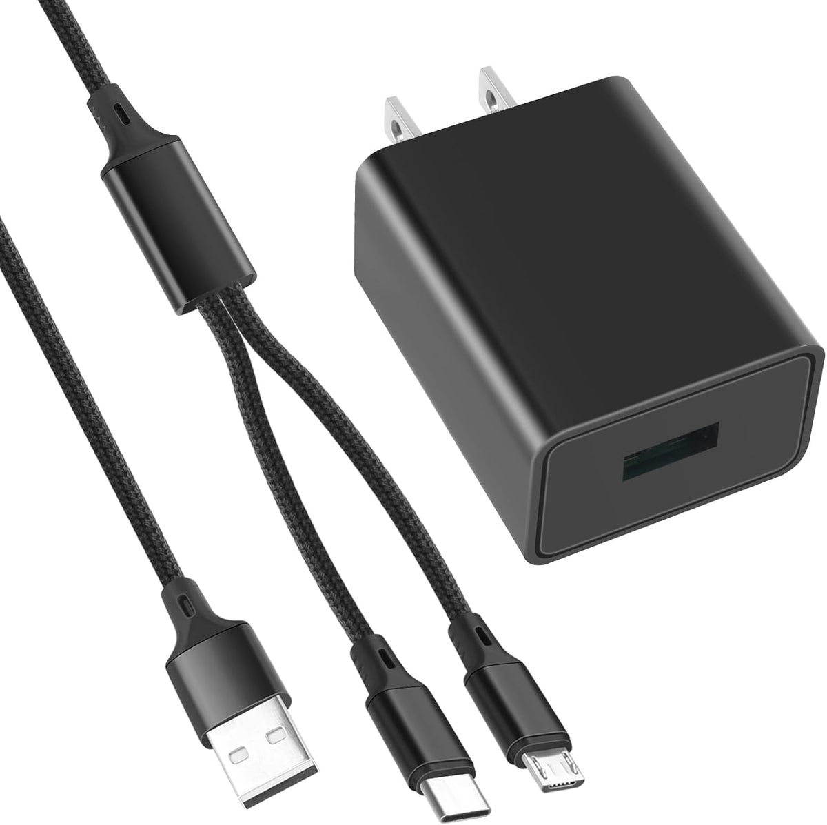 SZYSK Kindle Fire fast charger front view showing wall adapter and braided cable.