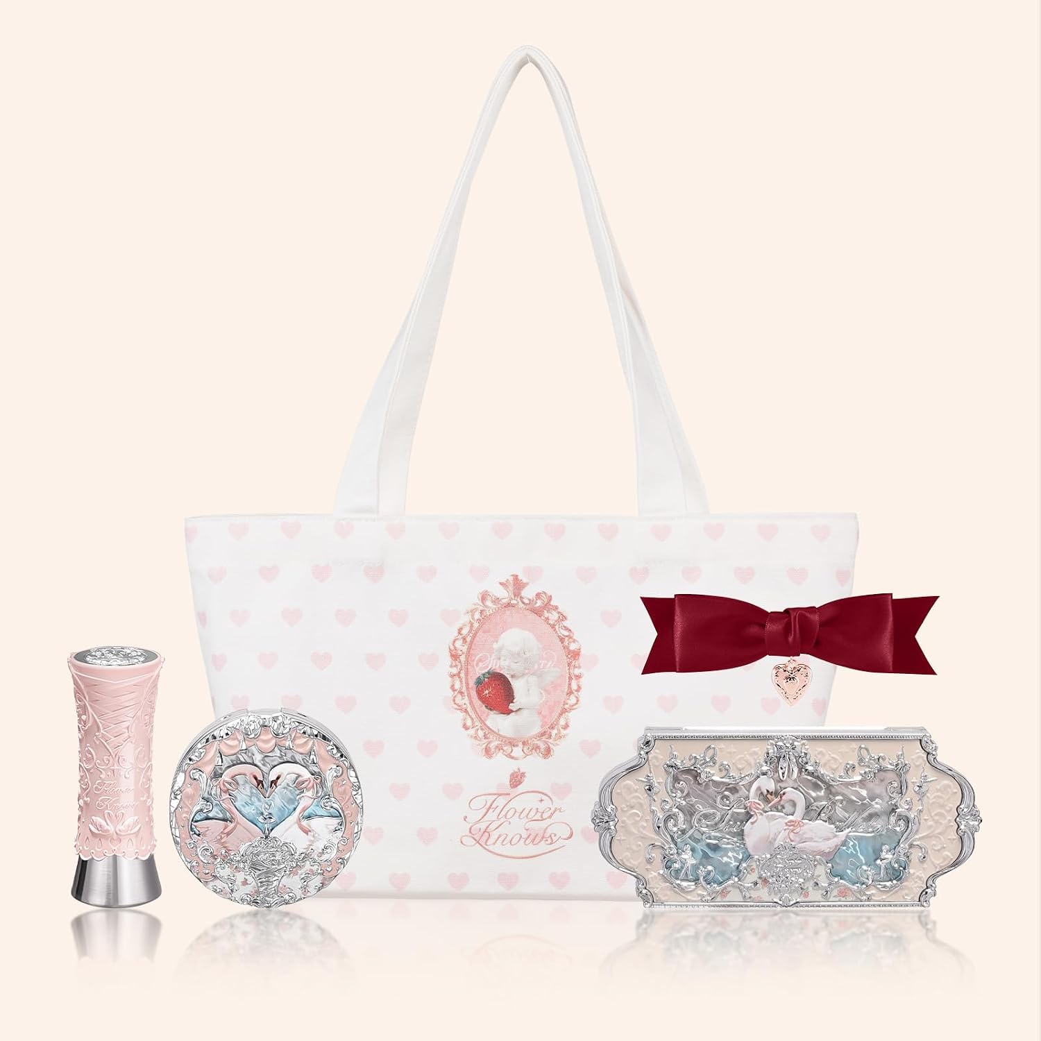 Flower Knows Swan Ballet Five Piece Makeup Set front view featuring decorative packaging.