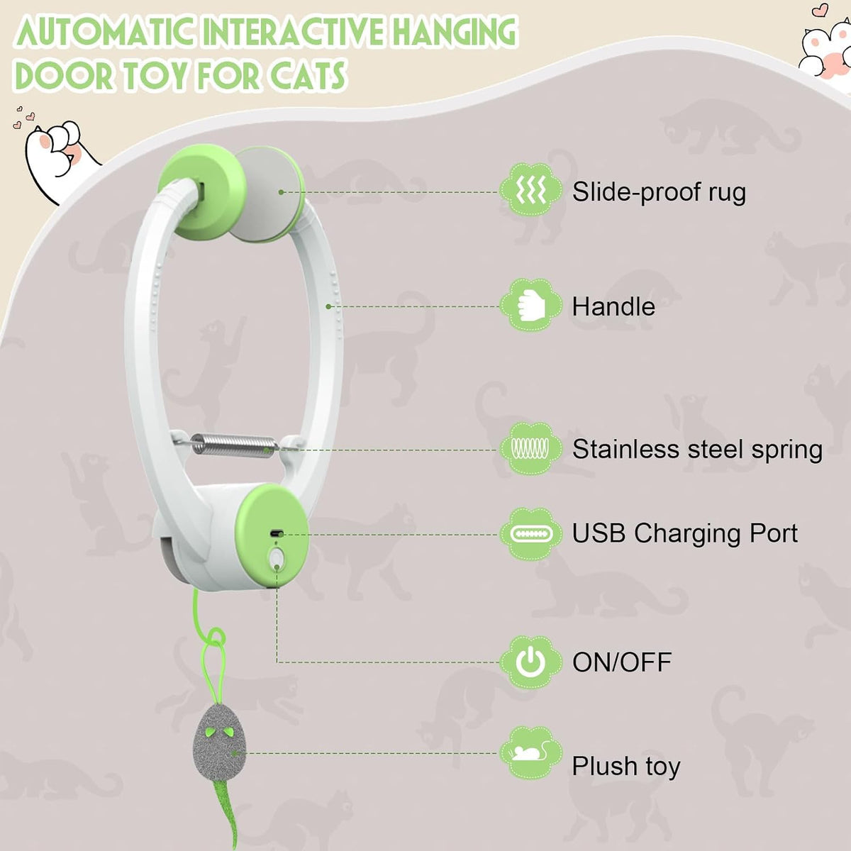 Cat Toy Interactive for Indoor Cats, Smart USB Rechargeable Door Hanging Automatic Retractable Kitten Toys, Teaser Electronic USB Self Play Feather Cat String Toy Attached with 3 Catnip Mice - Image 9