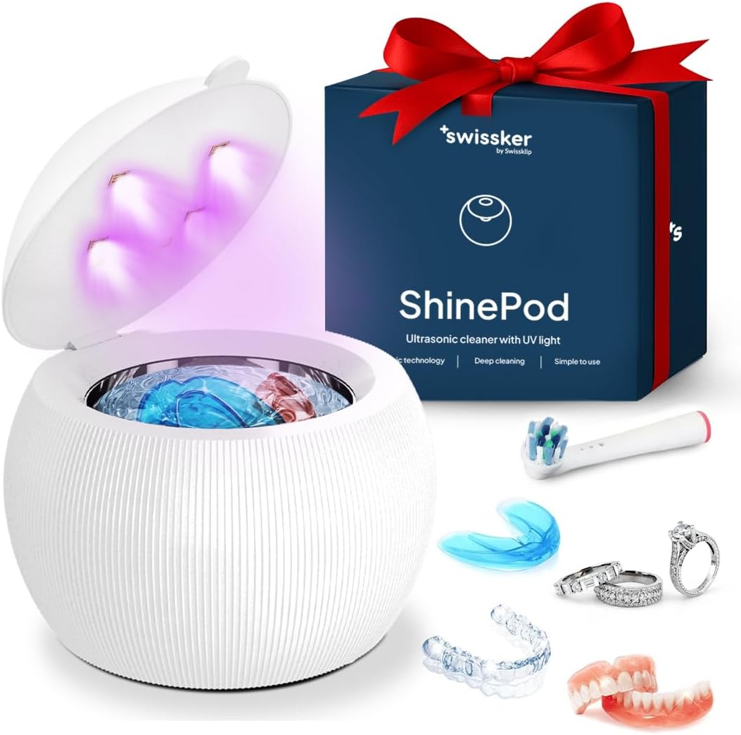 Swissklip ShinePod ultrasonic retainer cleaner machine front view in white ribbed design