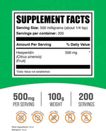 BulkSupplements Hesperidin Supplement 500 Milligrams nutrition facts label and dietary certifications list