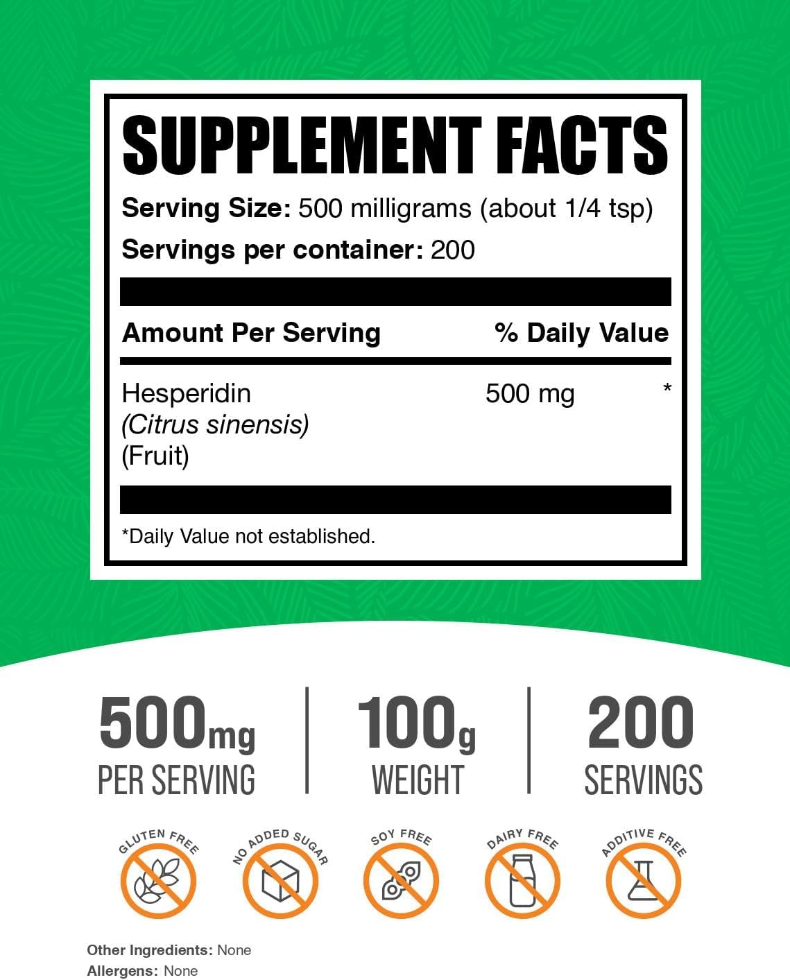 BulkSupplements Hesperidin Supplement 500 Milligrams nutrition facts label and dietary certifications list