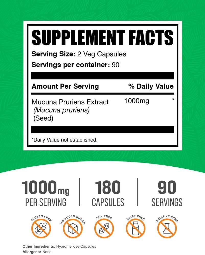BulkSupplements Velvet Bean extract capsules nutritional facts label with clean vegan ingredients list.