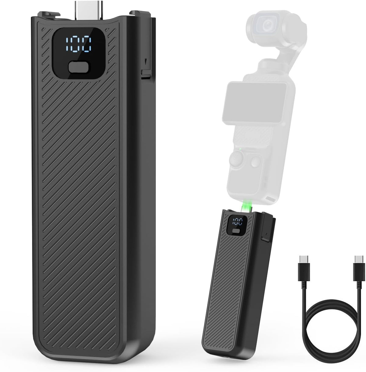 YONHUIZI battery handle for DJI Osmo Pocket Three front view showing the digital LED screen.