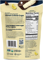 Individually wrapped Chocxo seventy two percent cacao dark chocolate cups with creamy lemon filling displayed outside the bag.