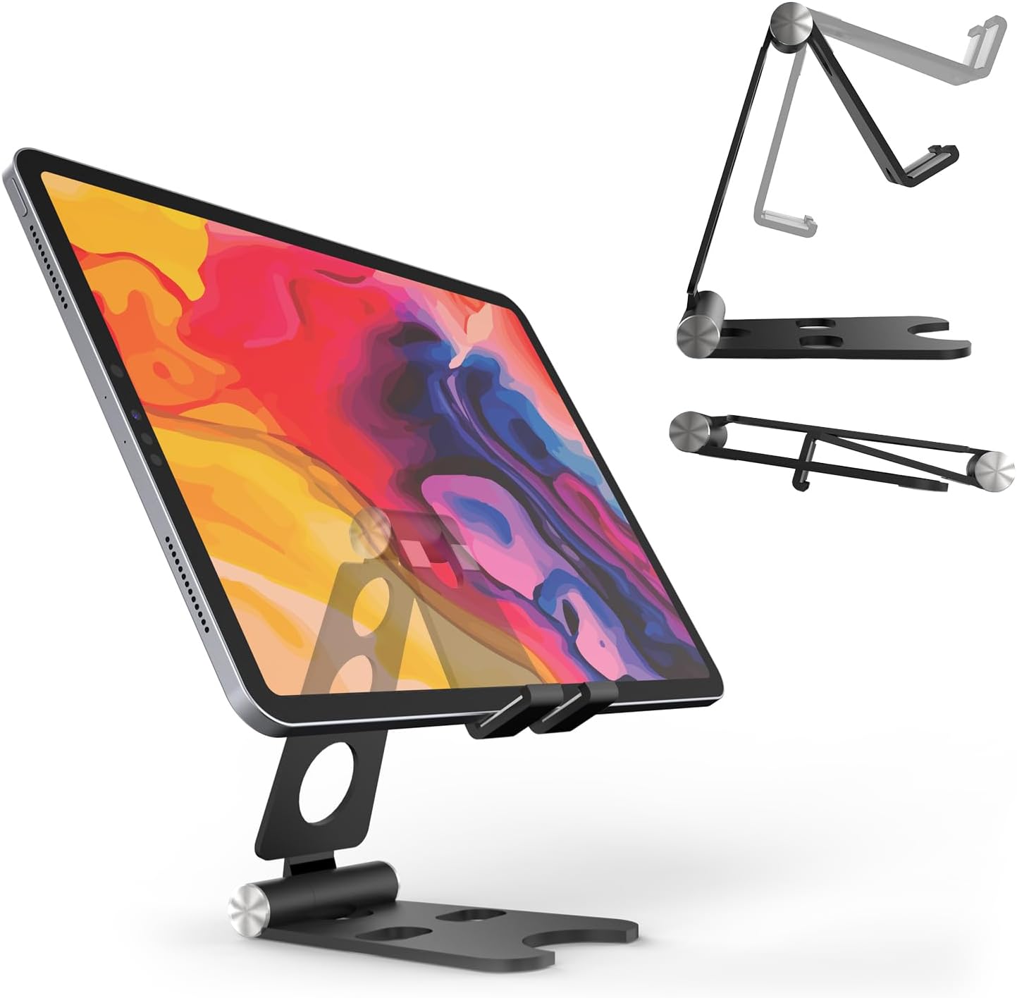 Kado aluminum alloy tablet stand front view showing sleek black finish on office desk.