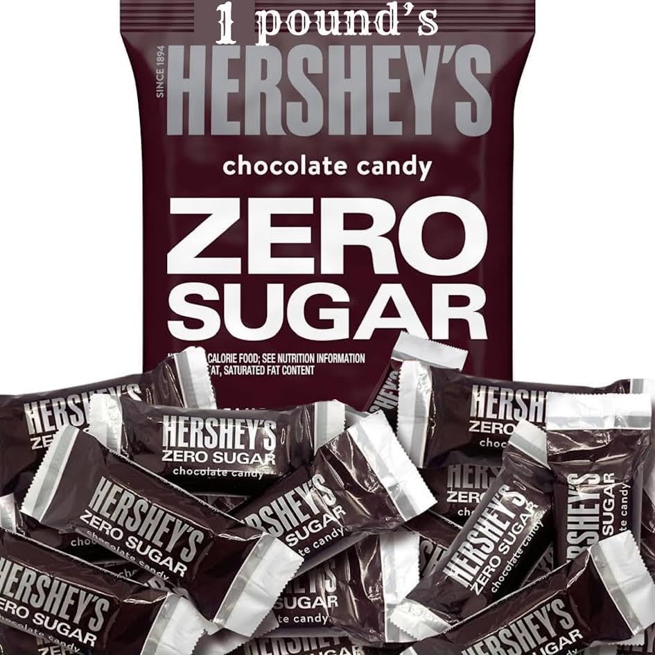 HERSHEY'S Zero Sugar Assorted Chocolate Candy Bag front view showcasing sugar-free milk chocolate and caramel treats.
