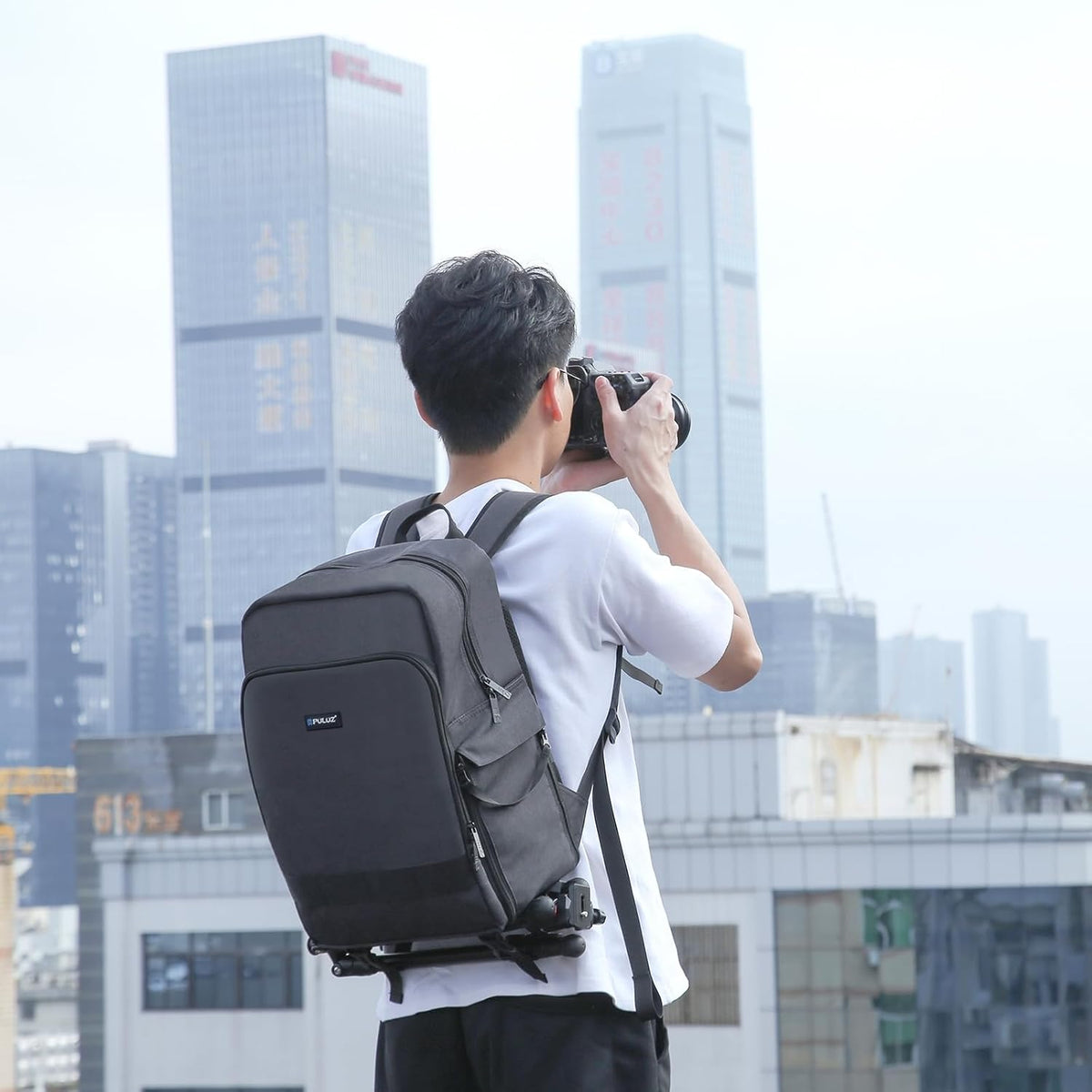 PULUZ Camera Backpack, DSLR SLR Camera Bag Fits 14 Inch Laptop with Laptop Compartment Tripod Holder Waterproof Raincover Outdoor Photography Hiking Travel Professional Backpack - Image 9