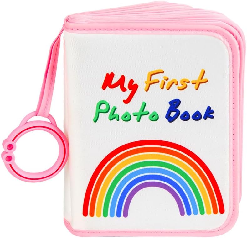 Xfveiwoo soft photo cloth book pink front view showing rainbow design
