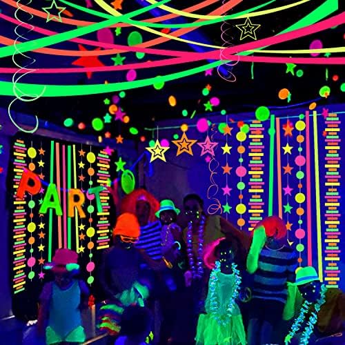 Creative ceiling canopy setup using twisted neon glow in the dark party decorations
