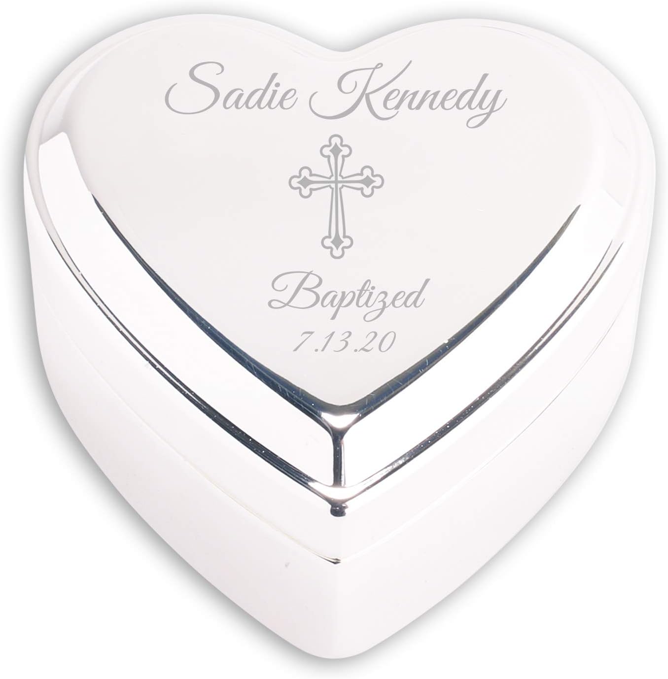 Cherished Moments Personalized Heart Jewelry Keepsake Box front view showing engraved cross design.