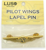 Luso Aviation pilot lapel pin displayed alongside standard uniform shirt eyelets