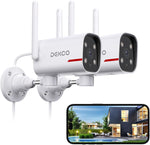 DEKCO outdoor security camera front view showcasing the dual lens design and spotlight modules for clear home surveillance.