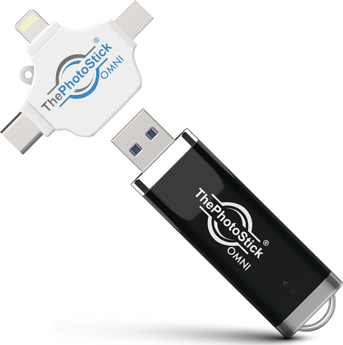 ThePhotoStick Omni 128GB USB flash drive front view showcasing multiport connection design for phone backup