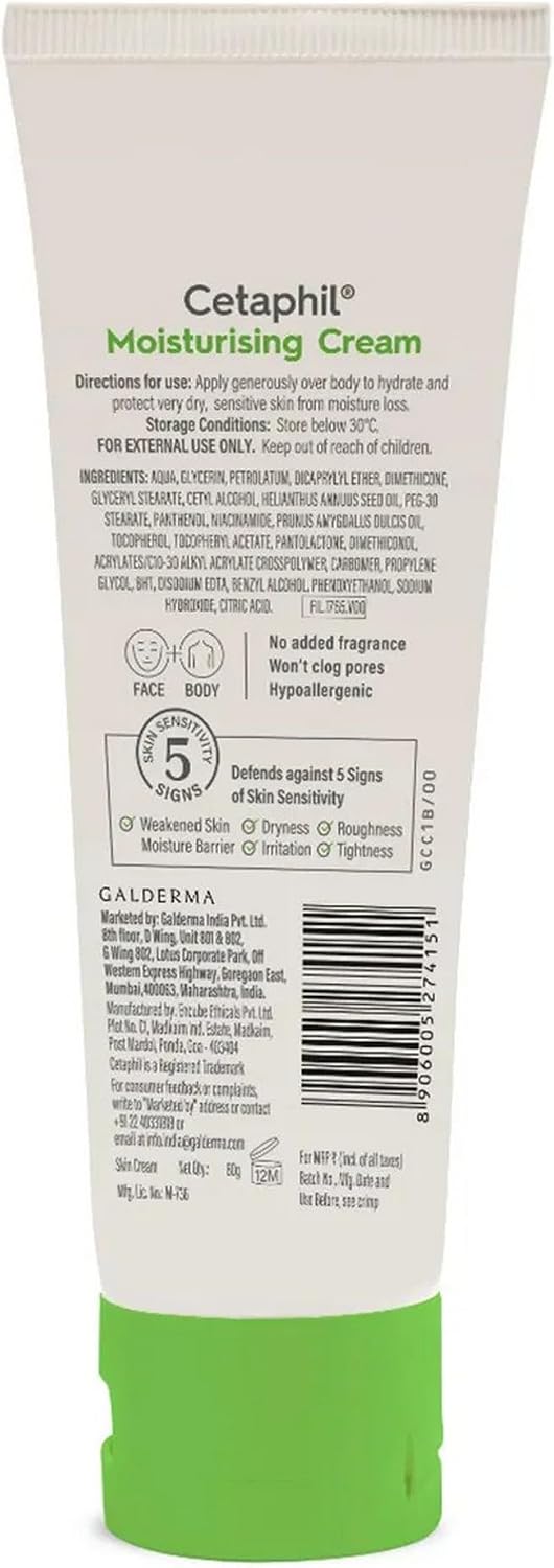 Cetaphil Moisturising Cream 80g tube back label details