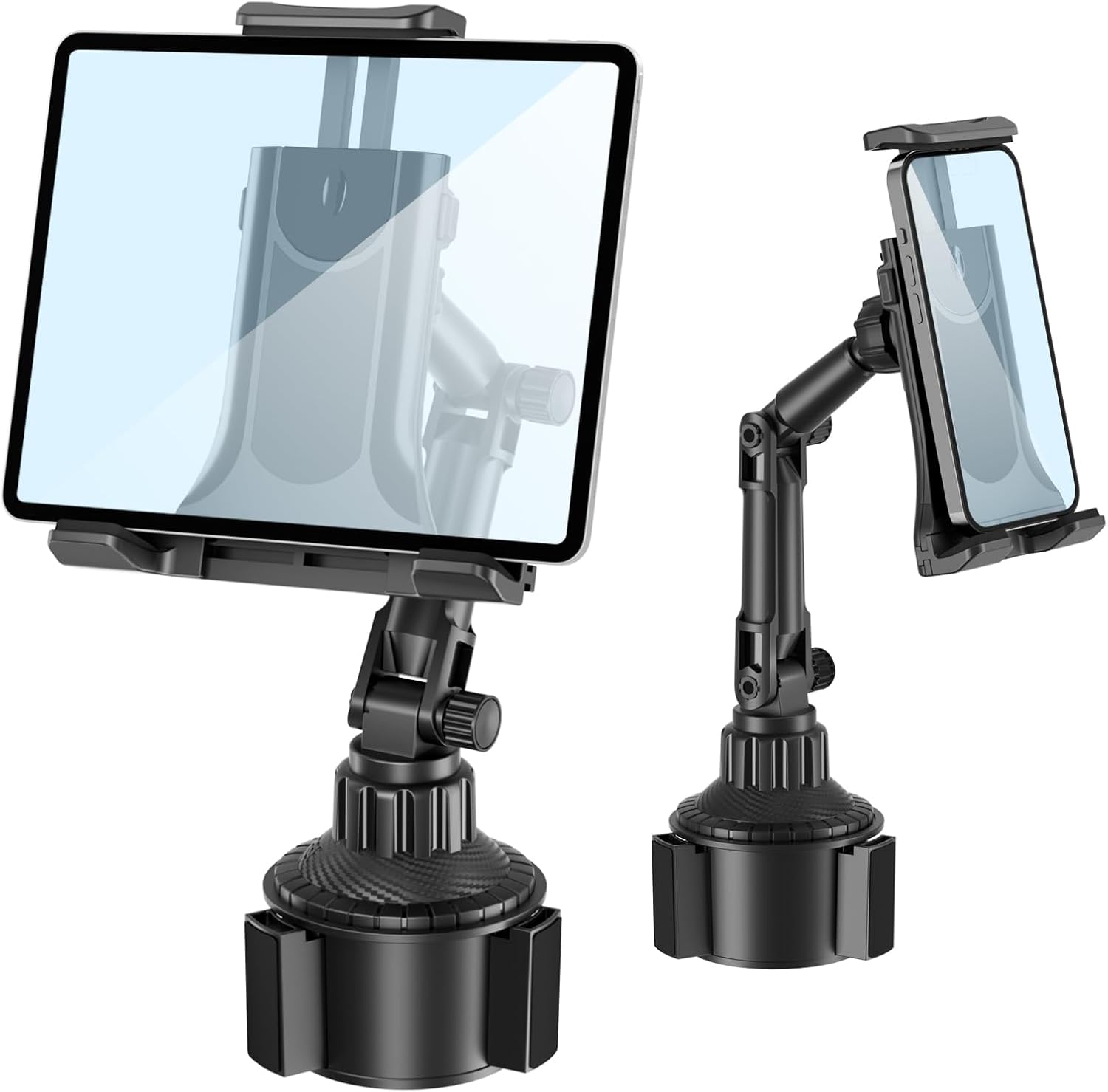 Aourxiv iPad holder for car cup mount front view displaying adjustable brackets holding a large tablet screen.