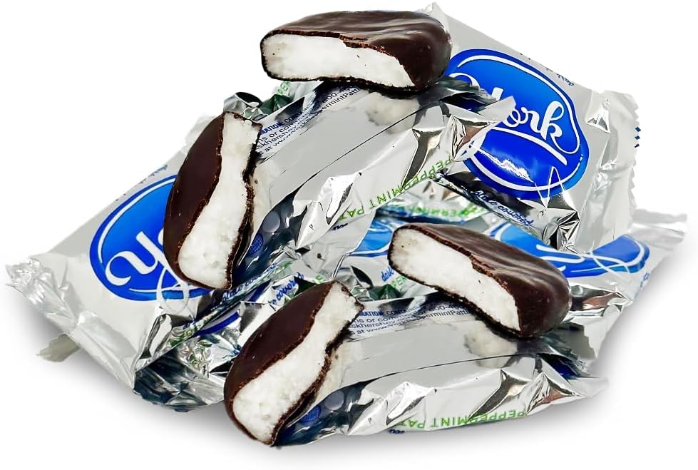 Individually wrapped bulk peppermint patties showing the blue and silver foil wrappers