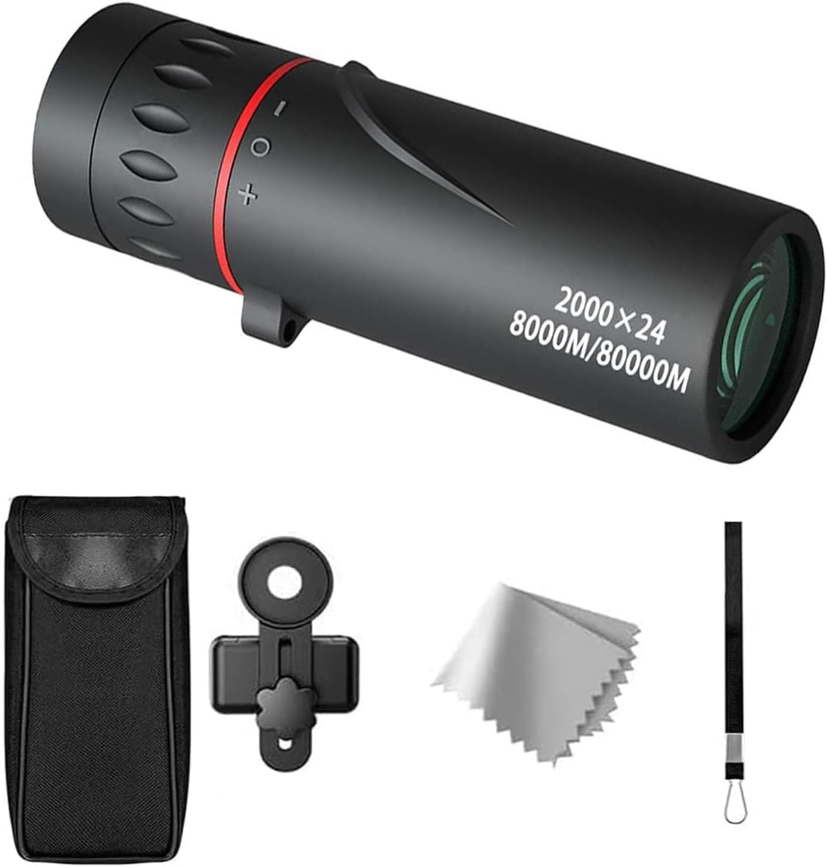 WenTigDY mini monocular telescope front view showing matte black finish and red focus ring indicator.