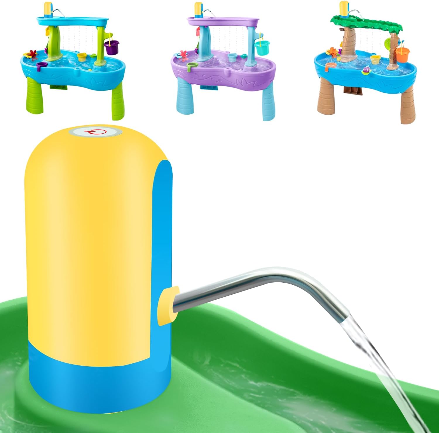 Infowush powerful water table pump yellow front view of outdoor toy accessory