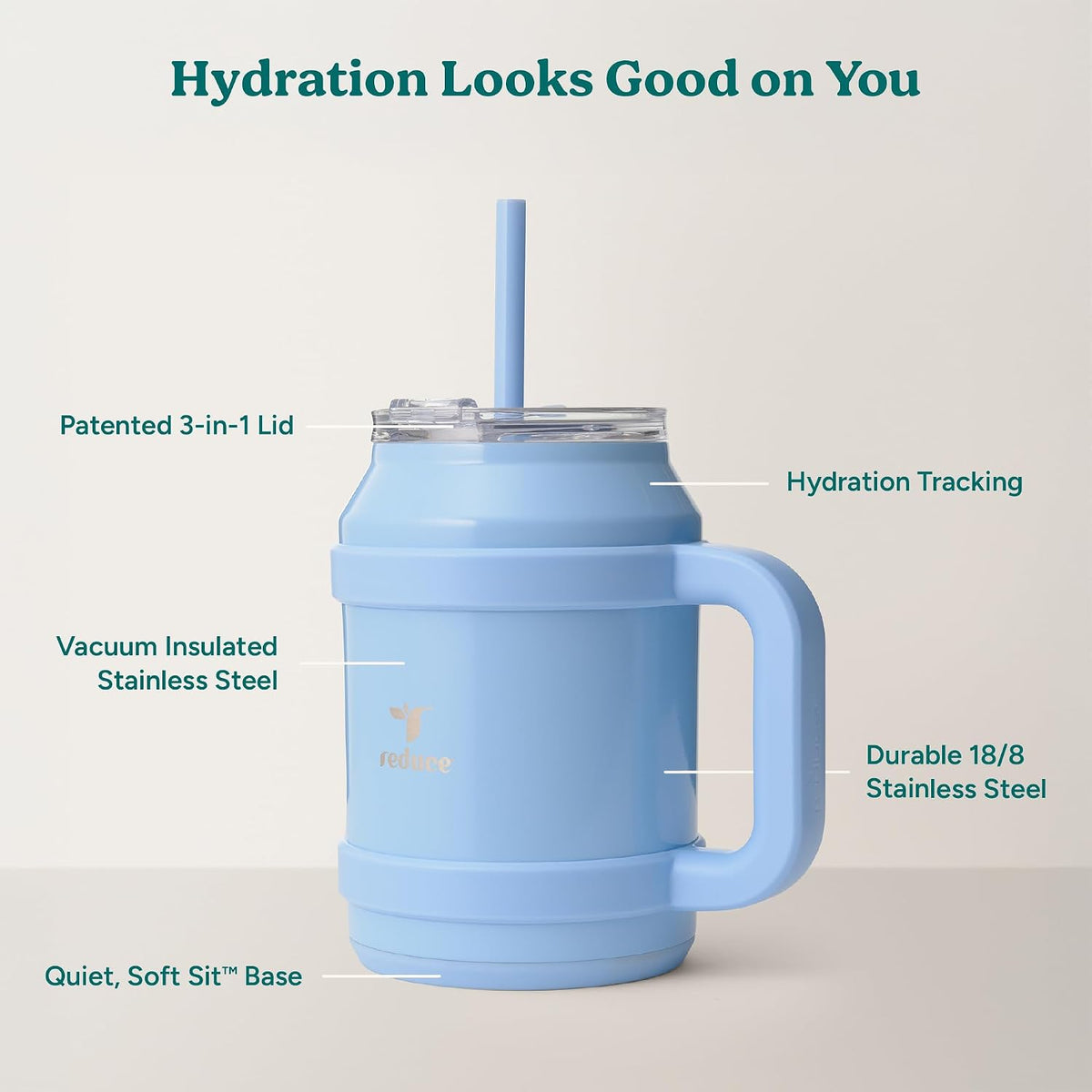 Reduce stainless steel water cup side angle view